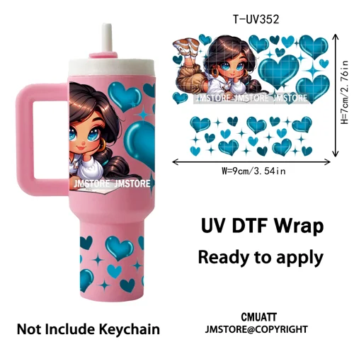 Chibi Girl Heart Cartoon Princess UV DTF Mini Tumbler Keychain Wraps Ready To Apply Transfer Stickers Prints Waterproof Decals