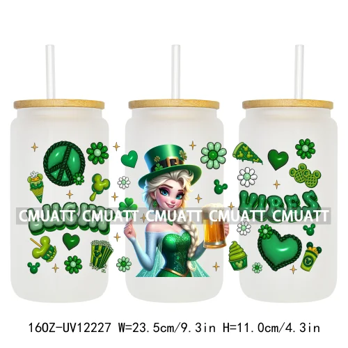 Cartoon Princess Girls St Patricks' Day Lucky Vibes 16OZ UV DTF Cup Transfer Wrap Sticker Waterproof Logos For Libbey Glass Can