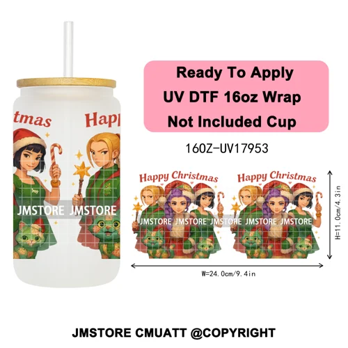 Kpop Demon Inspired Movie Christmas Santa Hat 16OZ UV DTF Cup Wrap Ready To Apply Durable Transfer Stickers For Libbey Glass Can