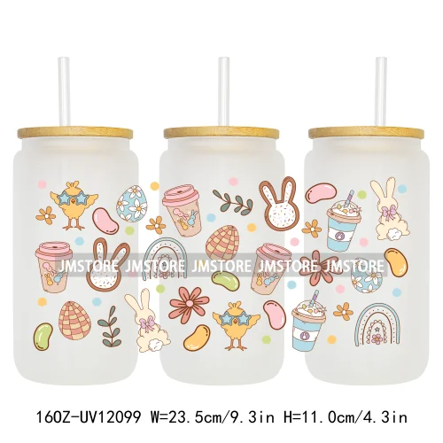 Retro Easter Bunny Rabbit Eggs Flowers 16OZ UV Cup Wrap DTF Transfer Stickers For Libbey Glass Can Cup Tumbler Waterproof Labels