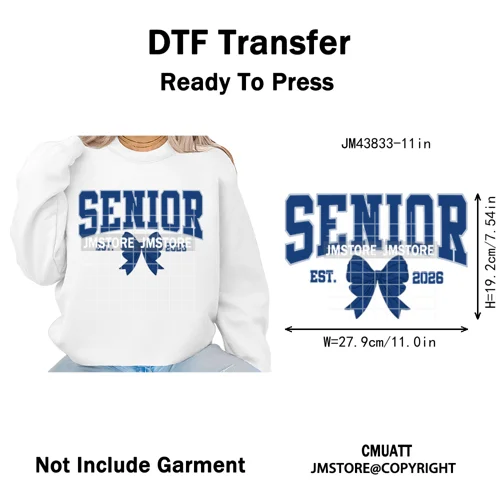 2026 Varsity Graduate Season College Senior Year Bow Iron on Washable DTF Heat Transfers Stickers Ready to Press for Sweatshirts