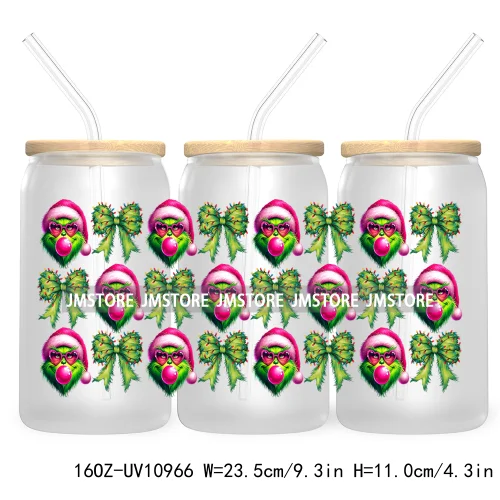 Green Guy Christmas Coquette Bow 16OZ UV DTF Cup Wrap Waterproof Transfer Stickers For Libbey Glass Can Christmas Movie Friends