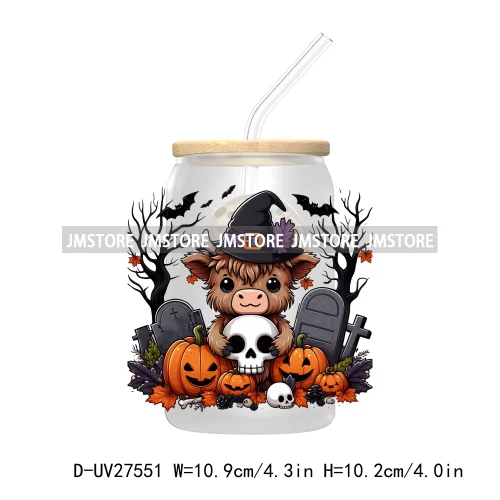 Cartoon Halloween Highland Cow UV DTF Transfer Stickers Decals For Libbey Cold Cups Mug Tumbler High Quality Labels Spooky Skull