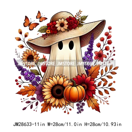 Cute Fall Florals Spooky Ghost Halloween Pumpkins Leaves Autumn  Iron On DTF Transfers Stickers Ready To Press For T-shirts Bags