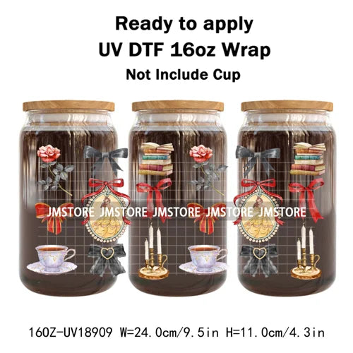 Coquette Bow Cartoon Princess Mirror UV DTF Cup Wrap Ready To Apply Transfer Stickers Waterproof Logo For 16OZ Libbey Glass Can