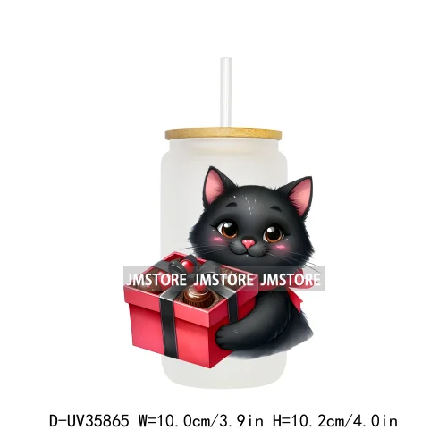 Valentine's Day Black Cat Couple UV DTF Transfer Stickers Decals Ready To Apply Waterproof For 16OZ Libbey Glass Can Cup Tumbler
