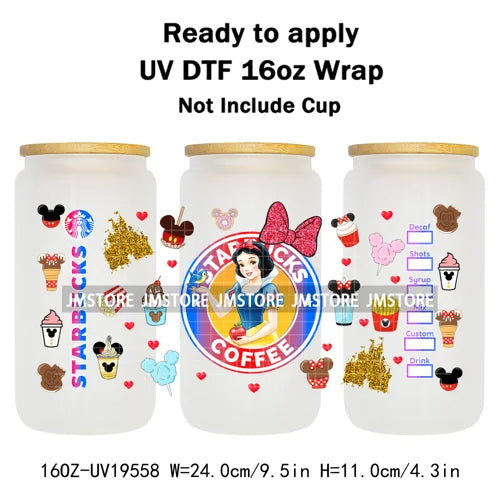Faux Glitter Coffee Cartoon Princess Girly 16OZ UV DTF Cup Wraps Ready To Apply Waterproof Transfer Sticker For Libbey Glass Can