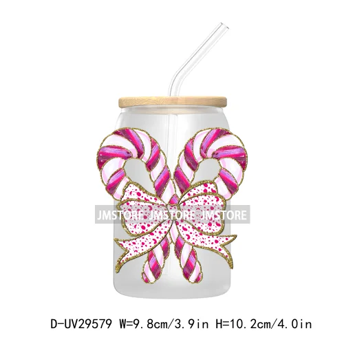 Coquette Bow Faux Glitter Christmas Tree UV DTF Transfer Stickers Decals For Libbey Cold Cups Mugs Tumbler Reindeer Candy Cane