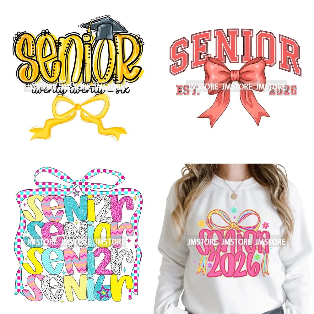 Preppy Coquette Senior 2026 Mega Graduate Cap Varsity Iron on Washable DTF Heat Transfers Stickers Ready to Press for Textiles