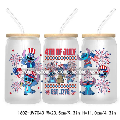 Happy 4TH Of July Cartoon Bear Friends 16OZ UV DTF Cup Wrap Transfer Stickers For Libbey Glass Can Cups Tumbler Waterproof Craft