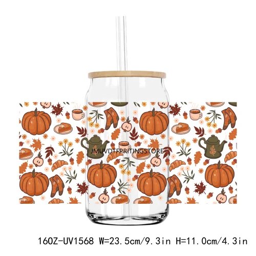 Fall Autumn Pumpkin Flower 16OZ UV DTF Cup Wrap Transfer Stickers Custom Labels DIY Durable Waterproof Logo For Libbey Glass Can