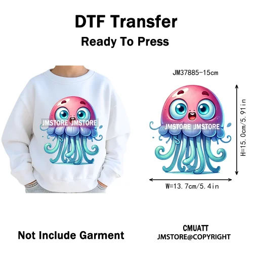 15cm 5.9in Cute Sea Underwater Animal Quirky Fish Octopus Decals Washable Iron On DTF Heat Transfers Stickers For Kids T-Shirts