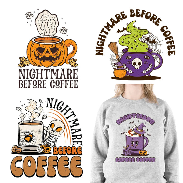 High Quality Nightmare Before Coffee Design DTF Halloween Horror Coffee Lover DTF Transfer Printings Ready To Press For T-Shirts