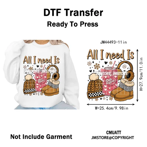 All I Need Is Cozy Winter Drink Coffee Lover Coquette Christmas Iron on Washable DTF Transfer Sticker Ready to Press for Hoodies