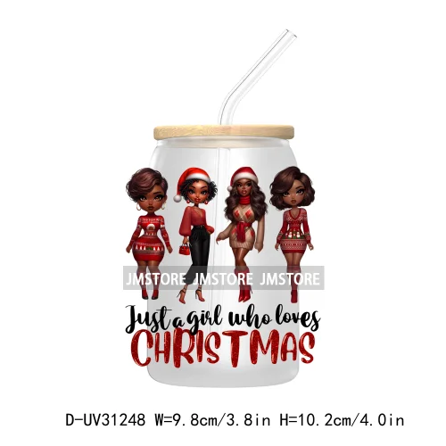 Afro Woman Nails Hip Pop Santa UV DTF Transfer Stickers Decals For Libbey Cold Cups Mugs Tumbler Just A Girl Who Loves Christmas