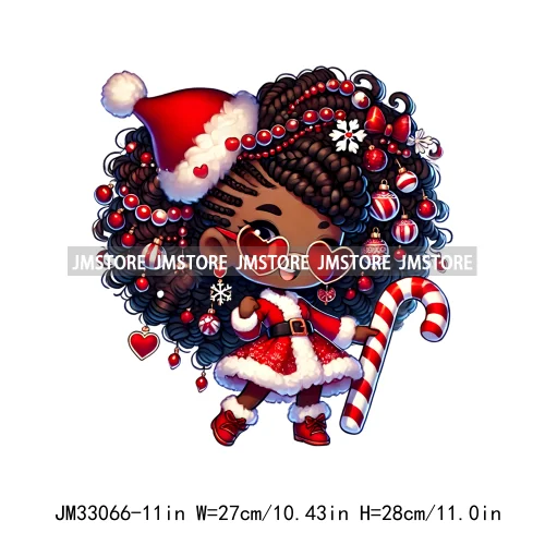 Chibi Candy Santa Girl African American Characters Merry Christmas Gift Iron On DTF Transfer Stickers Ready To Press For Clothes