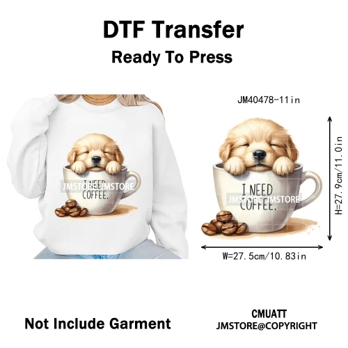 Funny Cartoon Pet Puppy Small Sleeping Cozy Coffee Dogs Lover Iron on DTF Washable Transfers Sticker Ready to Press for Clothing