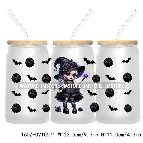 Gothic Girl Gnomes Halloween 16OZ UV Cup Wrap DTF Transfer Stickers For Libbey Glass Can Cups Tumbler Labels Spooky Bats Witch