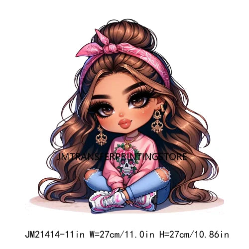 Pink Bow Long Hair Chibi Cute Chicana Doll Girls With Earing Washable Iron On DTF Transfers Stickers Designs For Sweatshirt