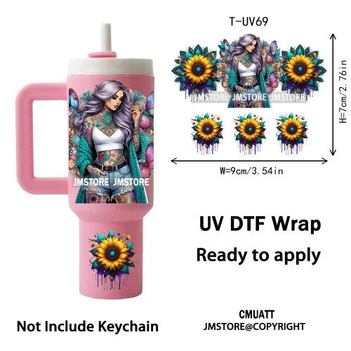 Butterfly Sunflower Girl UV DTF Mini Tumbler Keychain Wraps Ready To Press High Quality Wraps UV Stickers for Tumbler Keychain