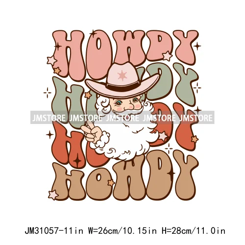 Funny Retro Western Merry Bright Country Christmas Cowgirl Howdy Tree Iron On DTF Transfers Stickers Ready To Press For Hoodies