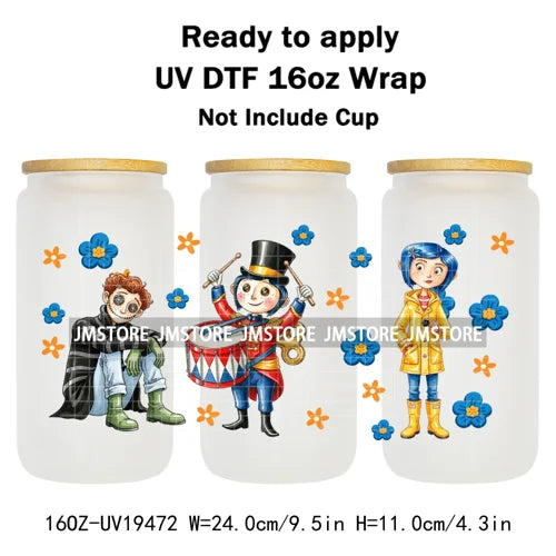 Horror Movie Witchy Girl Black Cat UV DTF Wraps Transfer Sticker Selfadhesive Waterproof High Quality For 16OZ Libbey Glass Can