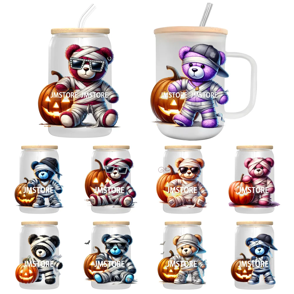 Spooky Halloween Horror Bear UV DTF Transfer Stickers Decals For Libbey Cold Cups Mugs Tumbler Waterproof Labels Scary Pumpkin