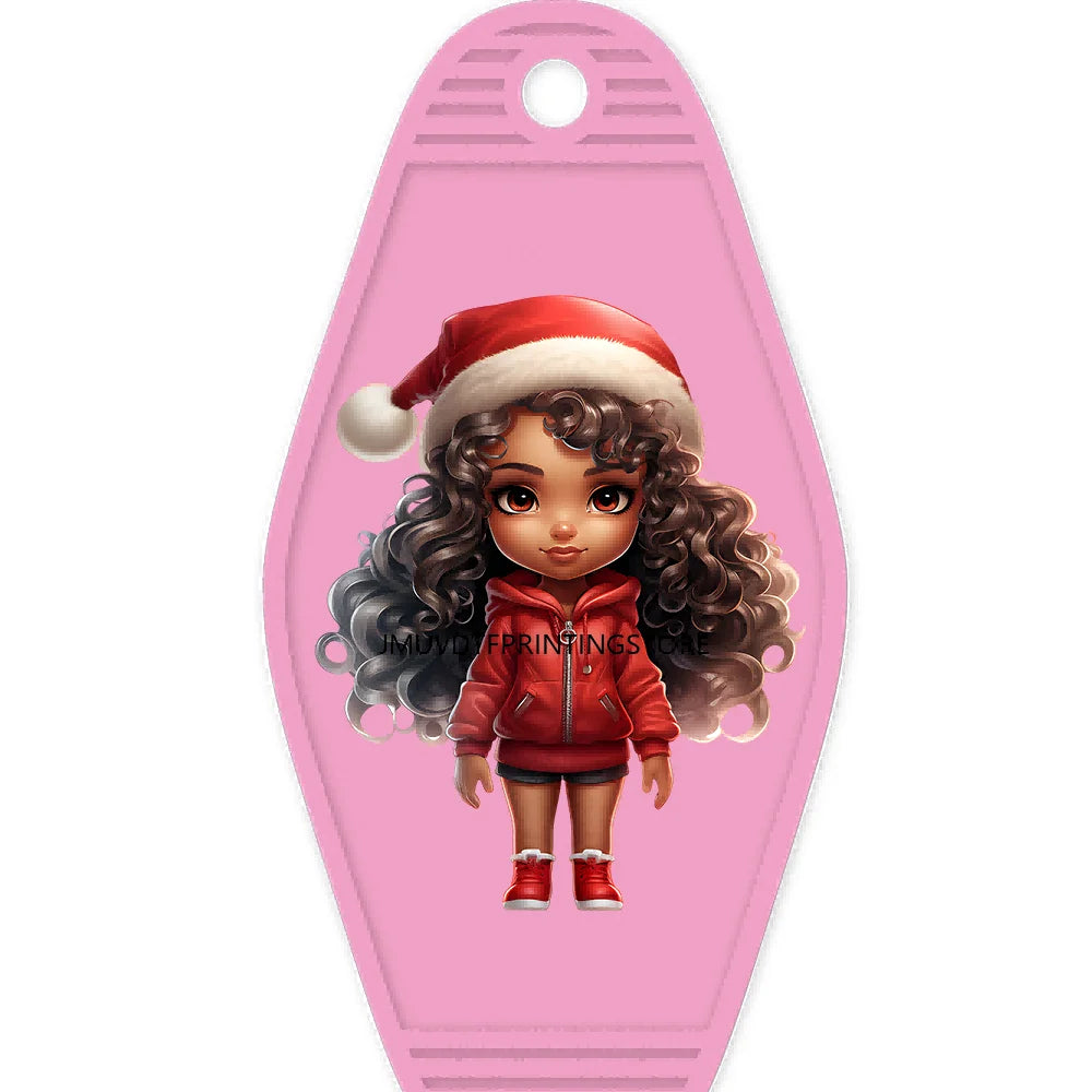 Merry Christmas Little Girls With Santa Hat High Quality WaterProof UV DTF Sticker For Motel Hotel Keychain