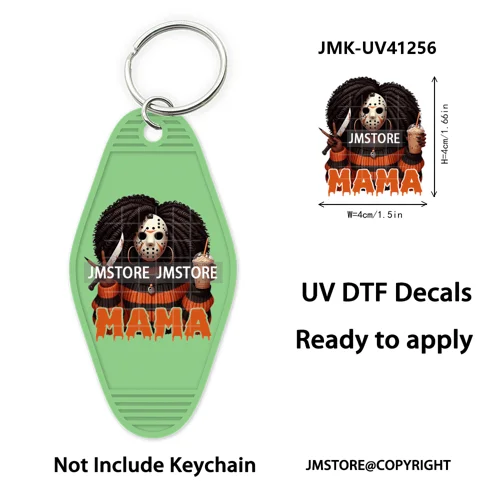 Black Girl Halloween Spooky Horror Mama UV DTF Motel Keychain Wraps Ready To Apply Waterproof High Quality Hotel Keychain Decals