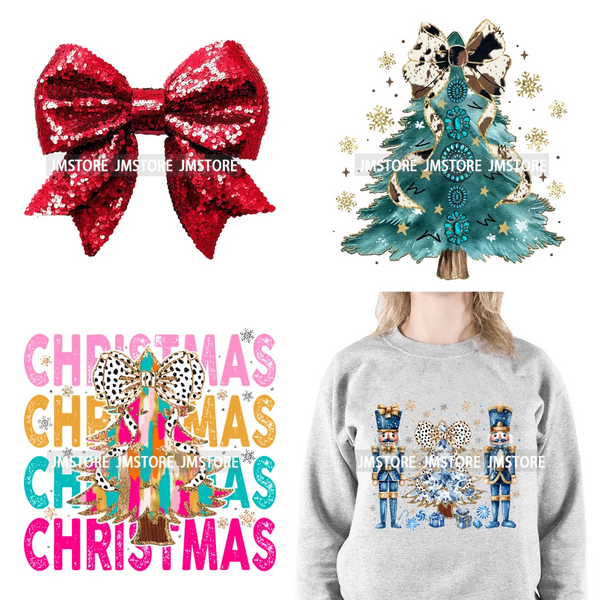 Colorful Faux Sequins Glitter Coquette Bow Christmas Girly Winter Deer Tree Candy Iron On DTF Heat Transfer Stickers For Hoodies