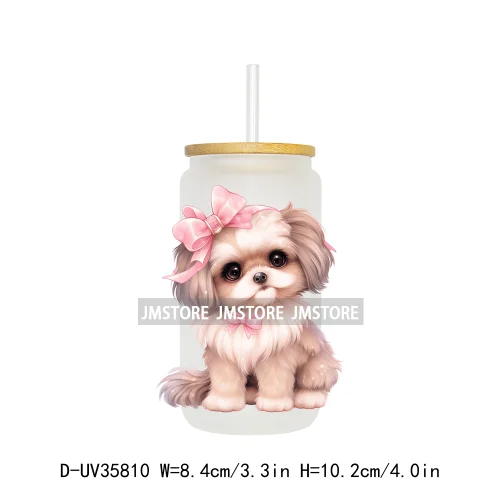 Cute Puppy Coquette Bow Baby Dog UV DTF Transfer Stickers Decals Ready To Apply Waterproof For 16OZ Libbey Glass Can Cup Tumbler