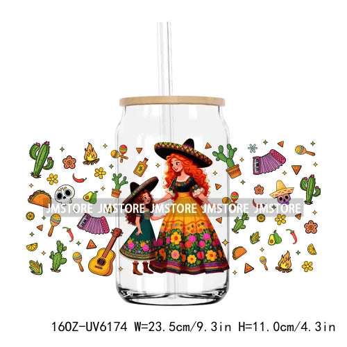 Cartoon Princess Cinco De Mayo Mexican UV DTF Sticker For 16OZ Libbey Glass Cup Can Wrap Transfer Stickers Custom Label DIY Logo