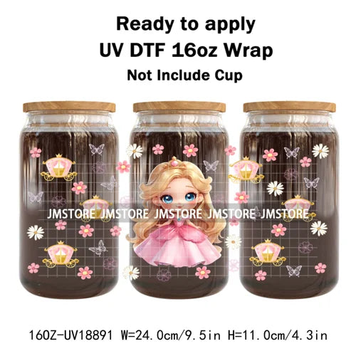 Baby Princess Cartoon Flowers Butterfly 16OZ UV DTF Cup Wraps Ready To Apply Waterproof Transfer Stickers For Libbey Glass Can