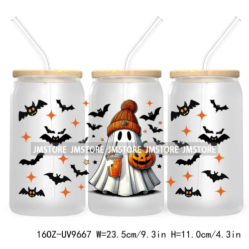 Spooky Ghost Fall Halloween Pumpkin Season UV DTF Sticker For 16OZ Libbey Glass Cup Can Autumn Leaves Wrap Transfer Stickers