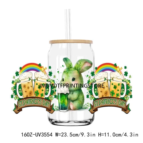 Green St. Patrick's Day UV DTF Sticker For 16OZ Libbey Glass Cup Can Lucky Shamrock Wrap Transfer Sticker Custom Labels DIY Logo