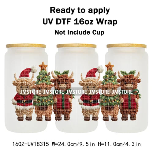 Faux Crochet Yarn Christmas Highland Cow 16OZ UV DTF Cup Wraps Ready To Apply Waterproof Transfer Stickers For Libbey Glass Can