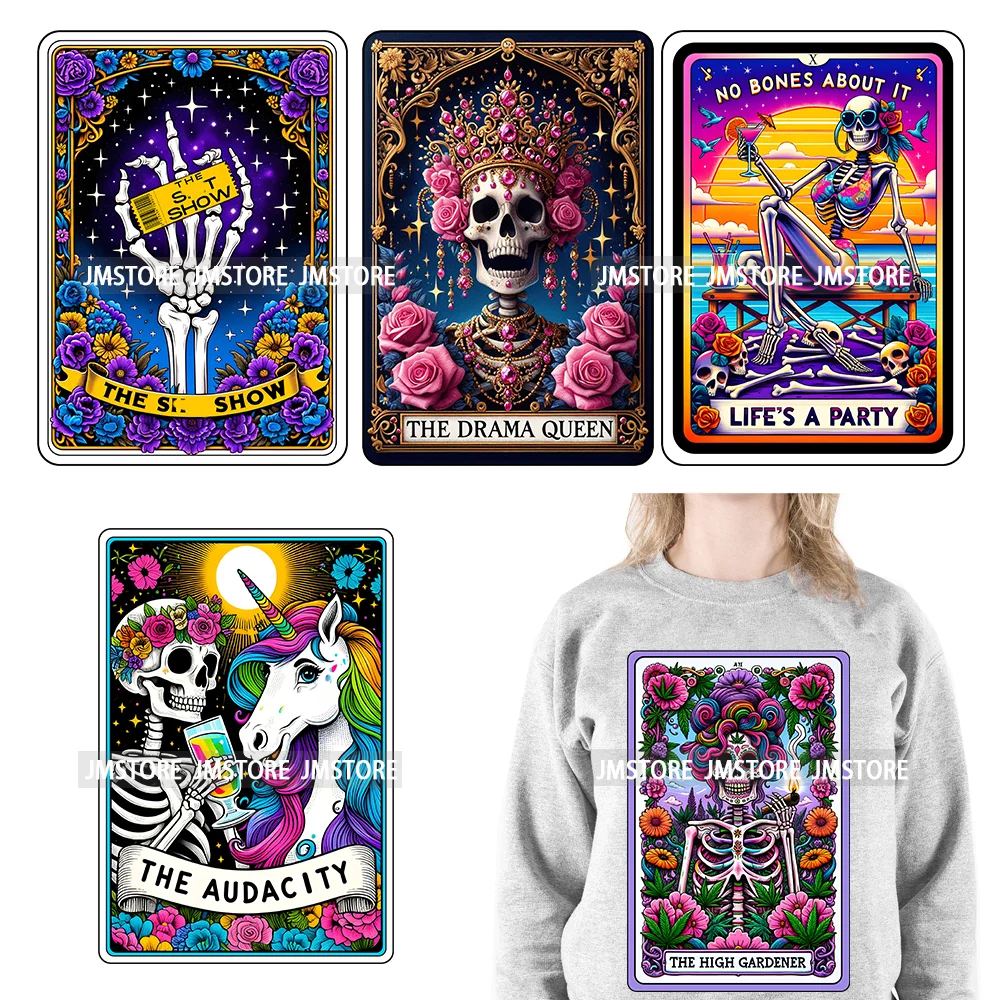 New Drama Queen Teacher Reader Smoker Flower Skull Humor Gothic Tarot Card DTF Iron On Heat Press Transfer Stickers For Clothing