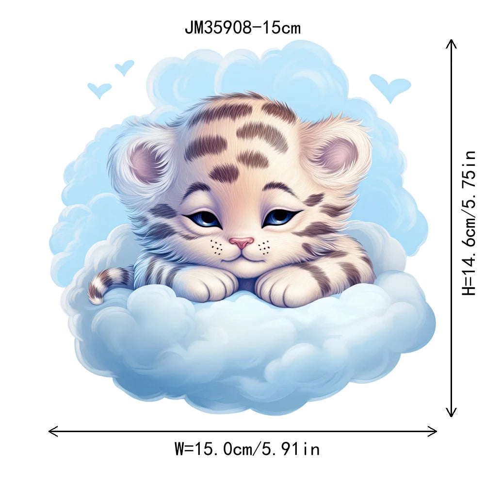 15cm 5.9in Kid Cloud Animal Tiger Lion Iron On Heat Transfer Sticker For Clothes DTF Print Vinyl Thermal Washable T-Shirt Decal