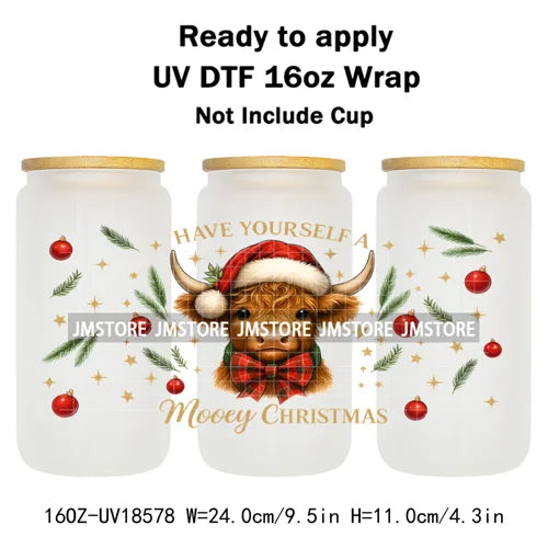Howdy Christmas Western Highland Cow 16OZ UV DTF Cup Wraps Ready To Apply Waterproof Transfer Stickers For Libbey Glass Can