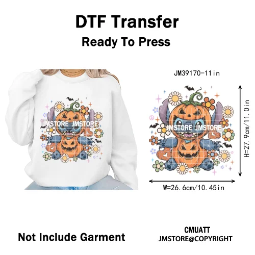 Happy Halloween Cartoon Movie Character Pumpkin Spooky Vibes Iron on DTF Washable Transfers Stickers Ready to Press for Clothing