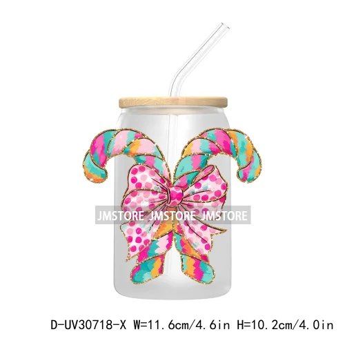 Colorful Coquette Glitter Bow Candy Cane Christmas UV DTF Transfer Stickers Decals For Libbey Cold Cups Mugs Tumbler Waterproof