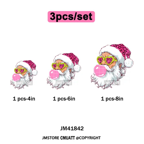 Pink Cartoon Glasses Coffee Drink Leopard Blowing Santa Claus Christmas Iron on DTF Transfer Stickers Ready to Press for T-shirt