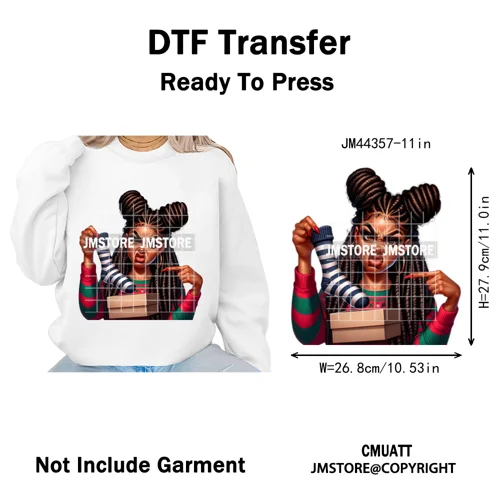 Funny Xmas Afro Glam Girly Gifts Holly Christmas Light Iron on Washable DTF Heat Transfers Stickers Ready to Press for Clothes