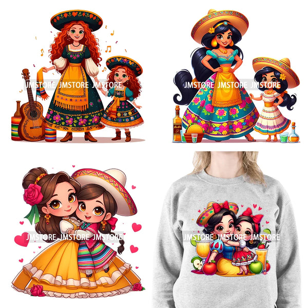 Cartoon Cute Princess With Tequila And Sombrero Cinco De Mayo Love Mexican Let's Fiesta DTF Transfer Stickers For T-shirts