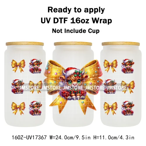Watercolor Christmas Highland Cows Gift Leopard Print 16OZ UV DTF Cup Wraps Ready To Apply Transfer Sticker For Libbey Glass Can