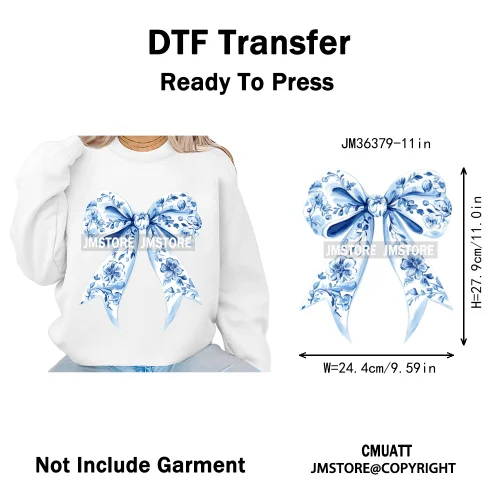 Blue And White Toile Chinoiserie Floral Coquette Bow Thermal Decals Iron on DTF Transfers Stickers Ready to Press for Clothing