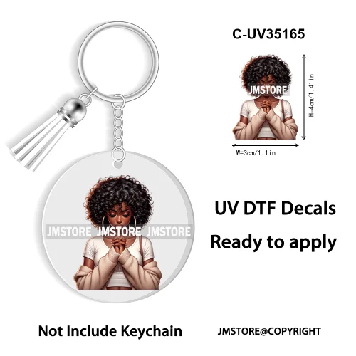 Christian Jesus God Pray Afro Girl UV DTF Decal Round Keychain Ready To Apply WaterProof Transfer Stickers For Circle Keychain