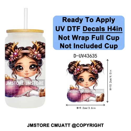 Chibi Cute Mexican Christmas Baby Girl UV DTF Decals Ready To Apply Waterproof Transfer Stickers For 16OZ Libbey Glass Can Mugs