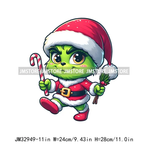 Cute Green Baby Cartoon Santa Claus Christmas Vibes Xmas Holiday Iron On DTF Transfers Stickers Ready To Press For Sweatshirts