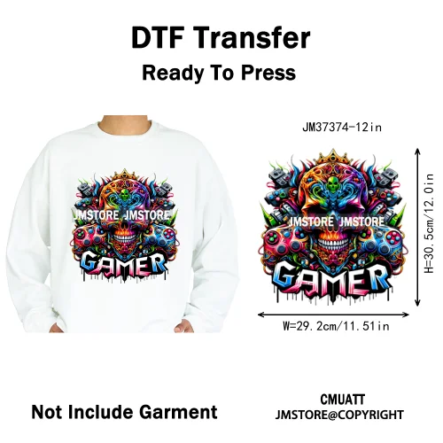 12in Hip Hop Graffiti Urban Skull Gaming Controller Game Lovers Iron on DTF Transfers Stickers Ready to Press for Hoodies Bags